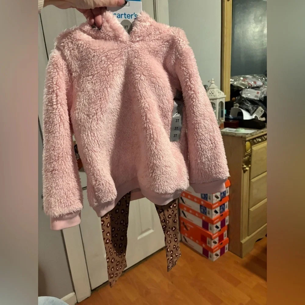 NWT Carter's Blush Pink Fleece Jacket with leopard print leggings size 4T